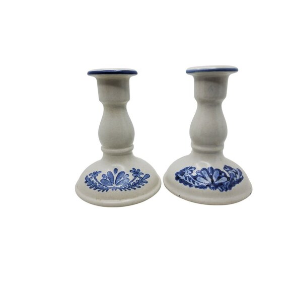 Vintage Platzgraff Yorktowne Ceramic Blue & White Floral Candle Holders Set Of 2 - Picture 1 of 5